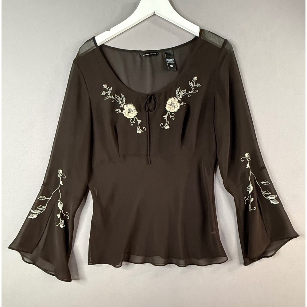 Y2K New York & Co Top Womens L Brown Sheer Babydoll Bell Sleeve Fairycore 90s